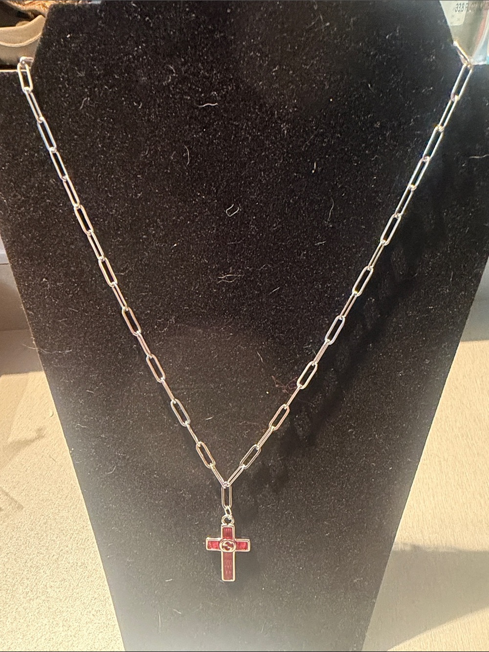 Inspired Silver-Tone Paperclip Chain Necklace with Red Cross Pendant